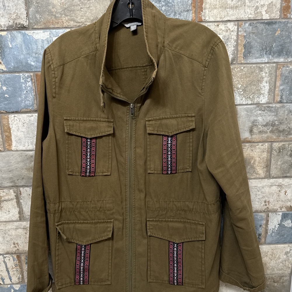 Rubbish Olive Utility Jacket with Patterned Accents